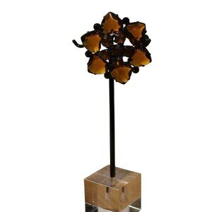 Vtg Amber Rhinestone Flower Brooch Pin w/ Faceted Stones & Hearts Approx 1.25" R